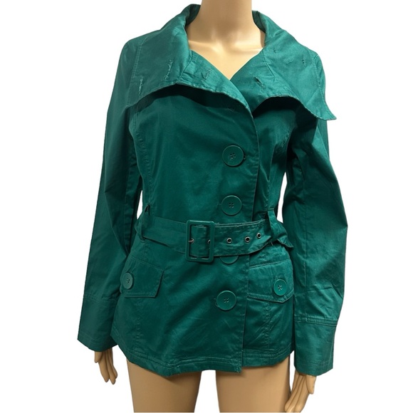 Last Kiss Green Cotton Button Up Double Breasted Belted Lightweight Jacket Large - Picture 3 of 12